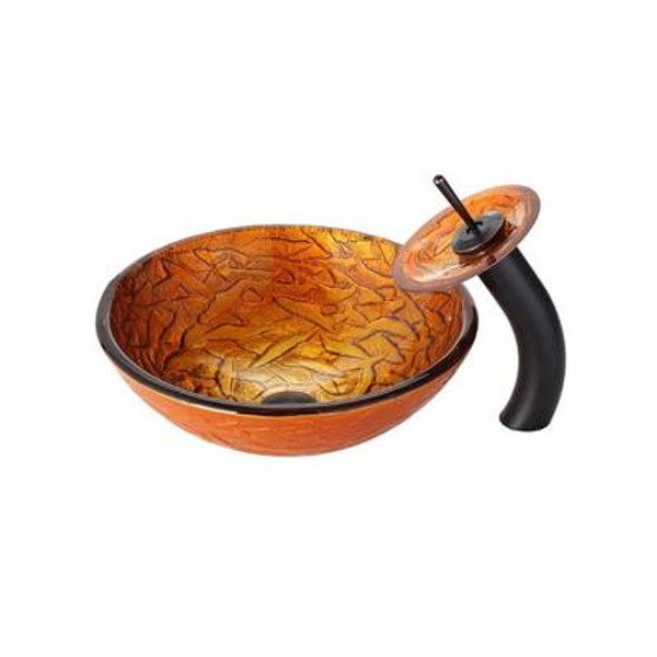 Blaze Glass Vessel Sink and Waterfall Faucet Oil Rubbed Bronze