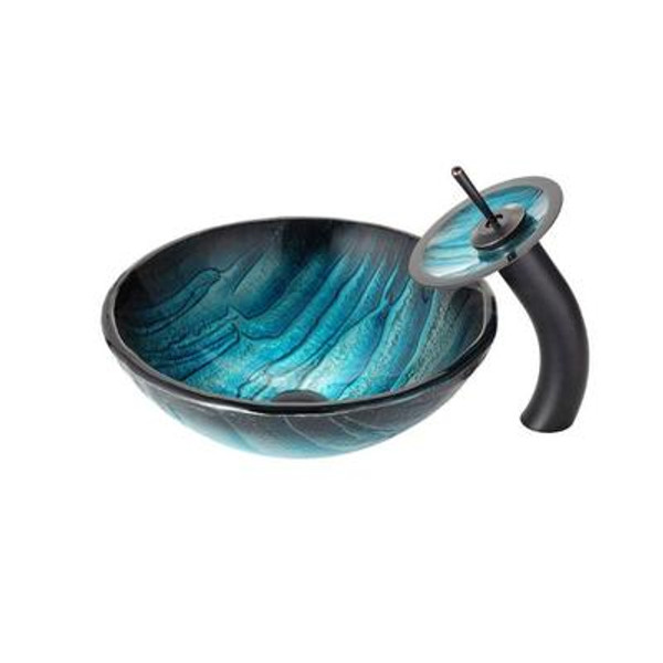 Ladon Glass Vessel Sink and Waterfall Faucet Oil Rubbed Bronze