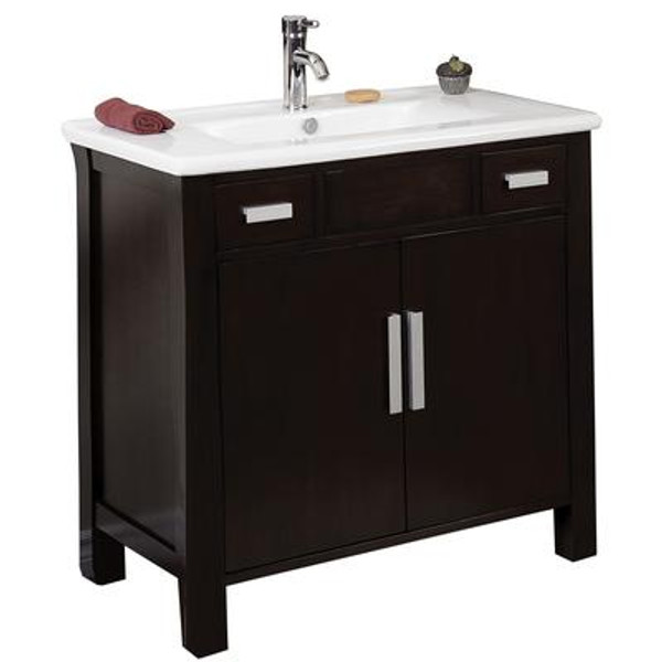 35 Inch W x 19 Inch D Solid Wood Framed Vanity Base with Soft-close Doors in Walnut Finish