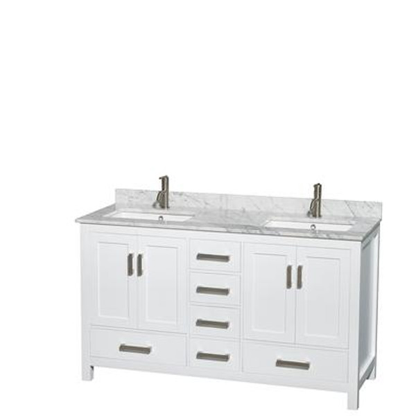 Sheffield 60 In. Double Vanity in White with Marble Vanity Top in Carrara White