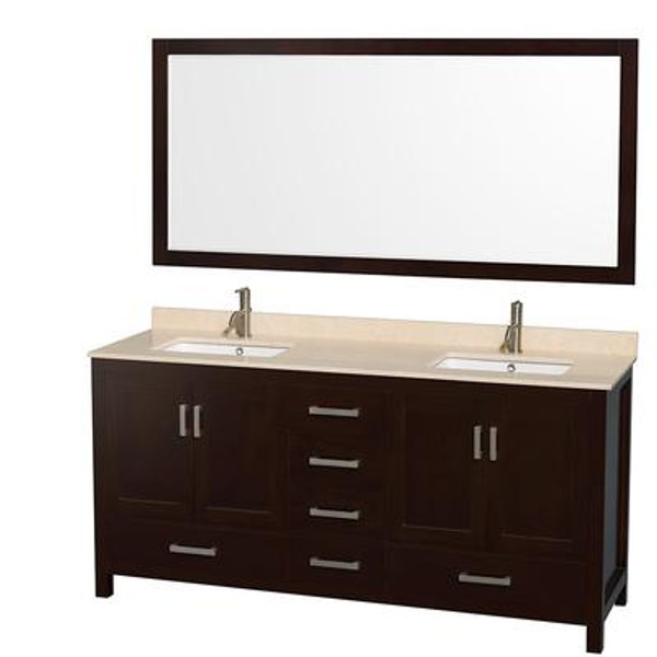 Sheffield 72 In. Double Vanity in Espresso with Marble Vanity Top in Ivory and 70 In. Mirror