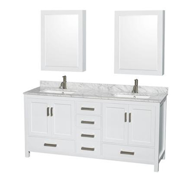 Sheffield 72 In. Double Vanity in White with Marble Top in Carrara White and Medicine Cabinets