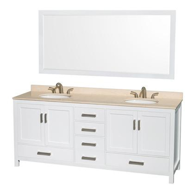 Sheffield 80 In. Double Vanity in White with Marble Vanity Top in Ivory and 70 In. Mirror