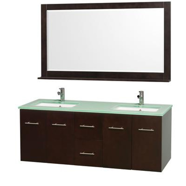 Centra 60 In. Double Vanity in Espresso with Glass Top in Aqua and White Square Sinks