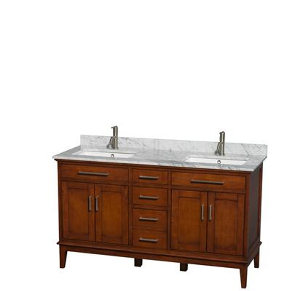 Hatton 60 In. Double Vanity in Light Chestnut with Marble Top in Carrara White and Square Sinks