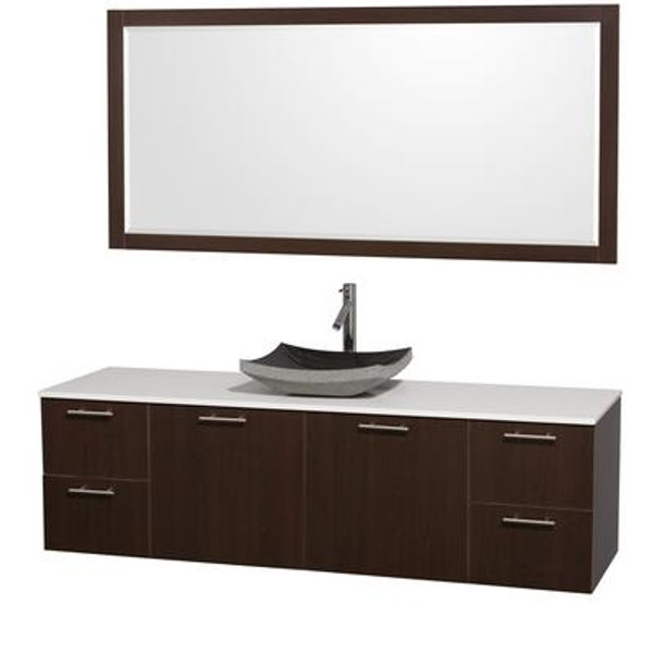 Amare 72 In. Vanity in Espresso with Man-Made Stone Vanity Top in White and Black Granite Sink