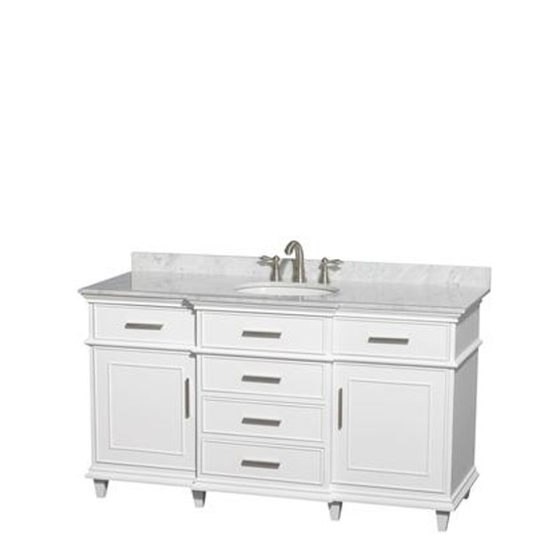 Berkeley 60 In. Vanity in White with Marble Vanity Top in Carrara White and Oval Sinks