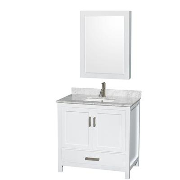 Sheffield 36 In. Vanity in White with Marble Vanity Top in Carrara White and Medicine Cabinet