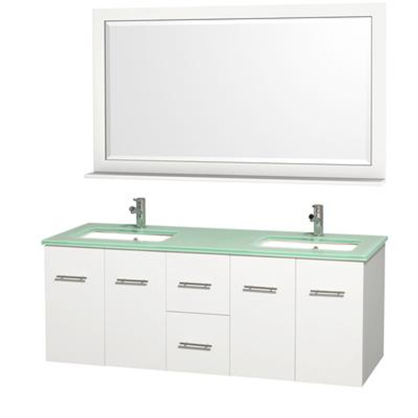 Centra 60 In. Double Vanity in White with Glass Top in Aqua and Square Porcelain Under Mounted Sinks