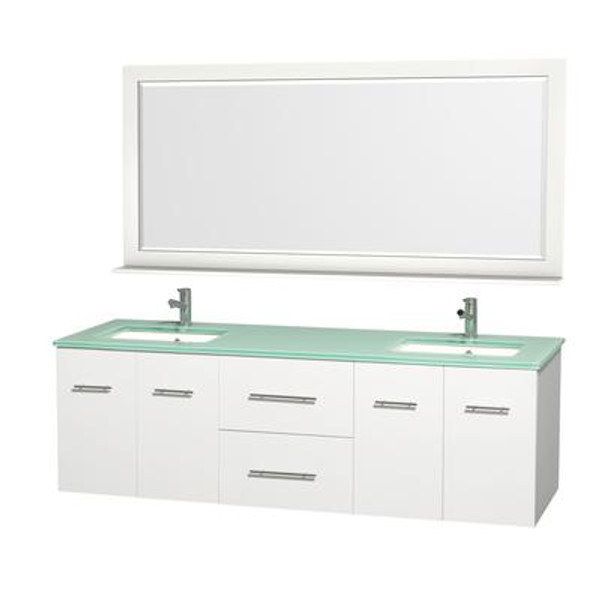Centra 72 In. Double Vanity in White with Glass Top in Aqua and Square Porcelain Under Mounted Sinks