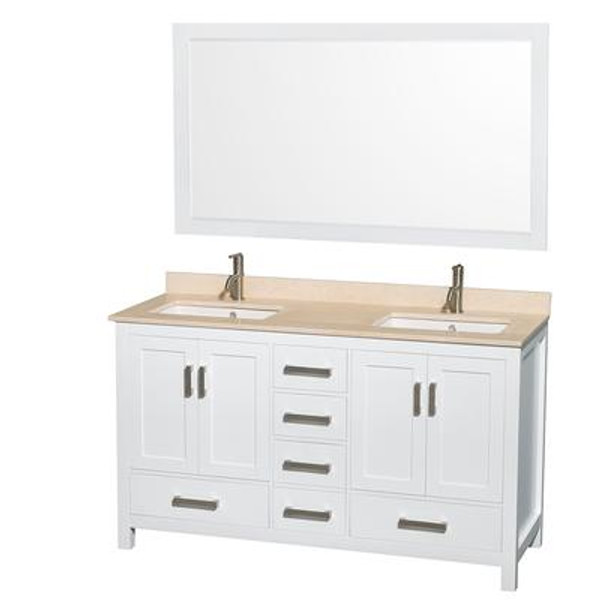 Sheffield 60 In. Double Vanity in White with Marble Vanity Top in Ivory and 58 In. Mirror