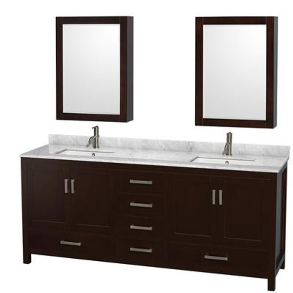 Sheffield 80 In. Double Vanity in Espresso with Marble Top in Carrara White and Medicine Cabinets
