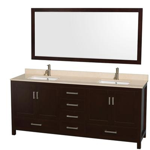 Sheffield 80 In. Double Vanity in Espresso Marble Vanity Top in Ivory and 70 In. Mirror