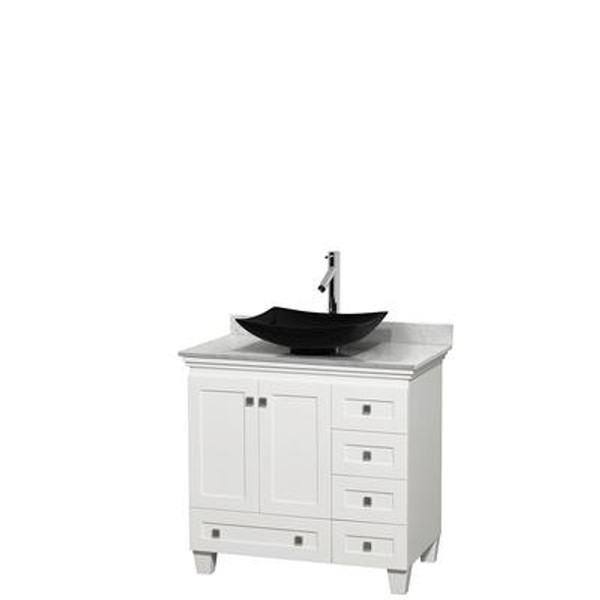 Acclaim 36 In. Single Vanity in White with Top in Carrara White with Black Sink and No Mirror