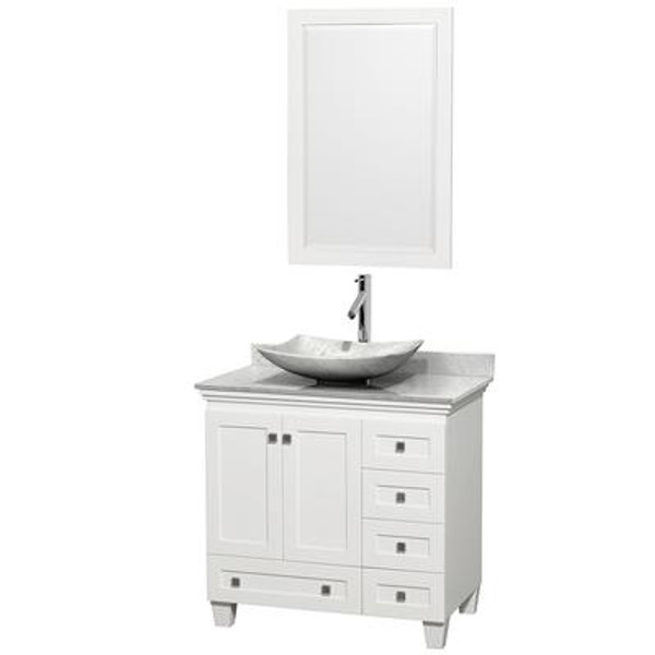 Acclaim 36 In. Single Vanity in White with Top in Carrara White with White Carrara Sink and Mirror