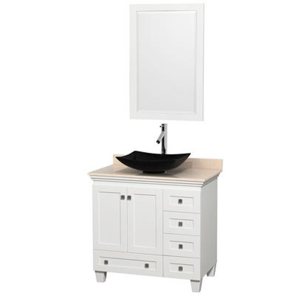Acclaim 36 In. Single Vanity in White with Top in Ivory with Black Sink and Mirror