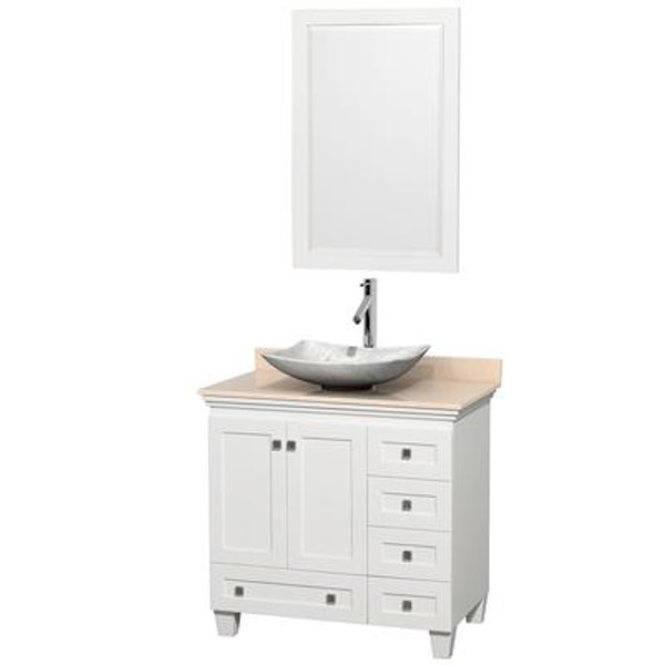 Acclaim 36 In. Single Vanity in White with Top in Ivory with White Carrara Sink and Mirror