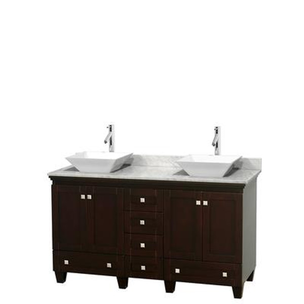 Acclaim 60 In. Double Vanity in Espresso with Top in Carrara White with White Sinks and No Mirrors