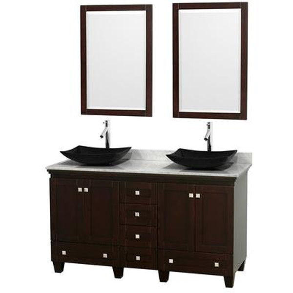 Acclaim 60 In. Double Vanity in Espresso with Top in Carrara White with Black Sinks and Mirrors