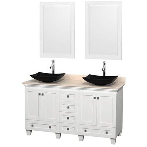 Acclaim 60 In. Double Vanity in White with Top in Ivory with Black Sinks and Mirrors