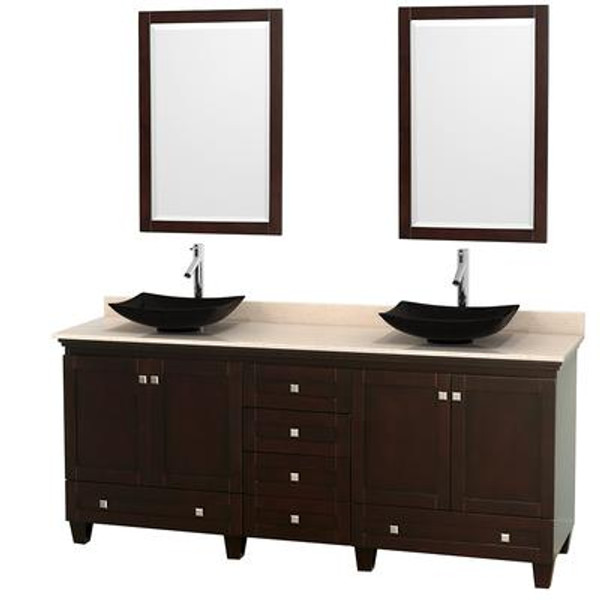 Acclaim 80 In. Double Vanity in Espresso with Top in Ivory with Black Sinks and Mirrors