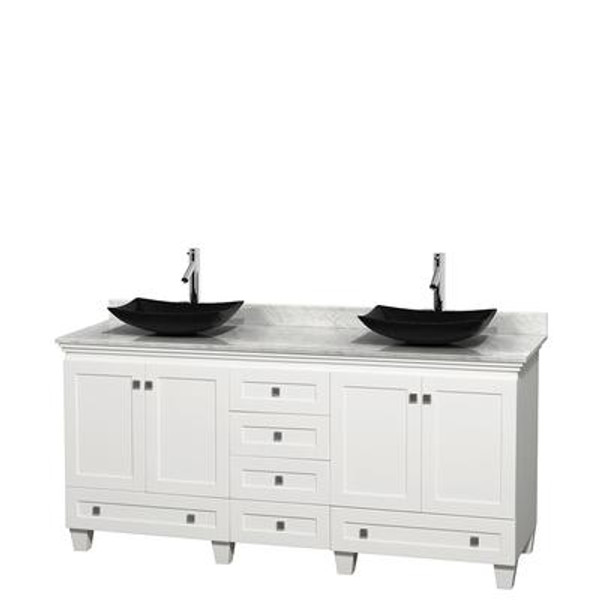 Acclaim 72 In. Double Vanity in White with Top in Carrara White with Black Sinks and No Mirrors