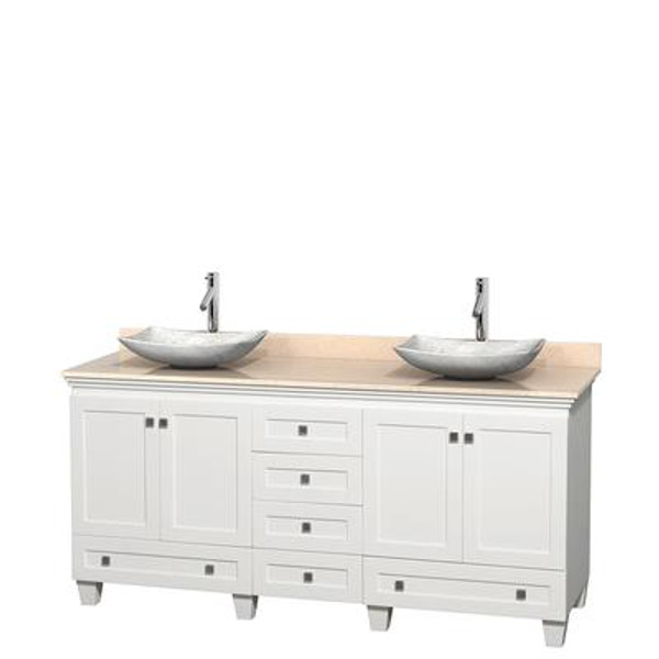 Acclaim 72 In. Double Vanity in White with Top in Ivory with White Carrara Sinks and No Mirrors