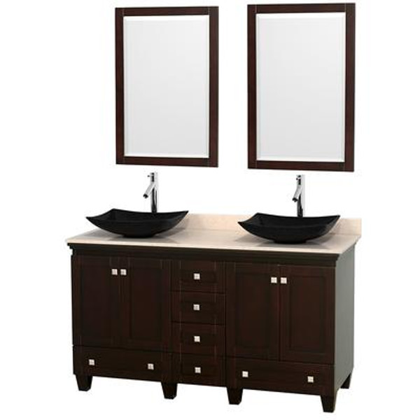 Acclaim 60 In. Double Vanity in Espresso with Top in Ivory with Black Sinks and Mirrors