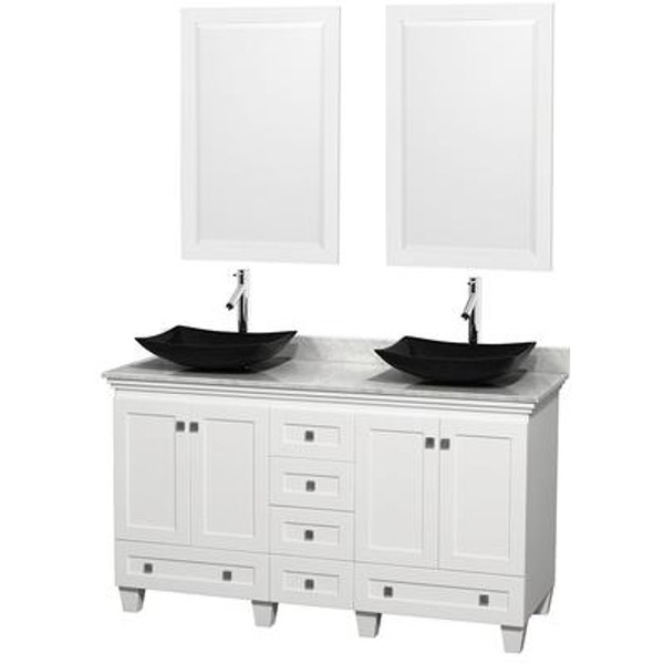 Acclaim 60 In. Double Vanity in White with Top in Carrara White with Black Sinks and Mirrors