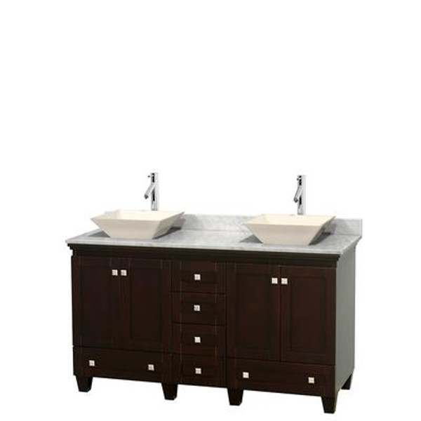 Acclaim 60 In. Double Vanity in Espresso with Top in Carrara White with Bone Sinks and No Mirrors