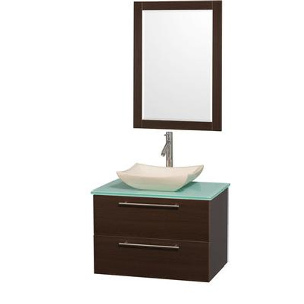 Amare 30 In. Vanity in Espresso with Glass Vanity Top in Aqua and Ivory Marble Sink