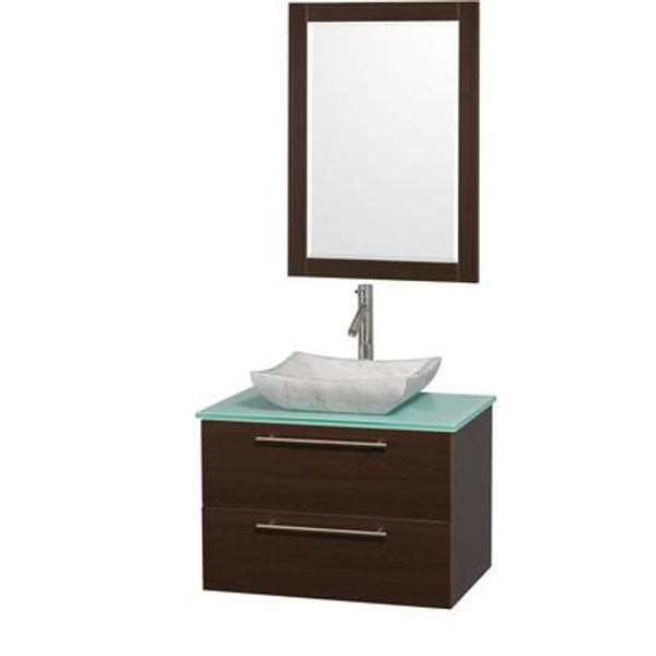 Amare 30 In. Vanity in Espresso with Glass Vanity Top in Aqua and Carrara Marble Sink