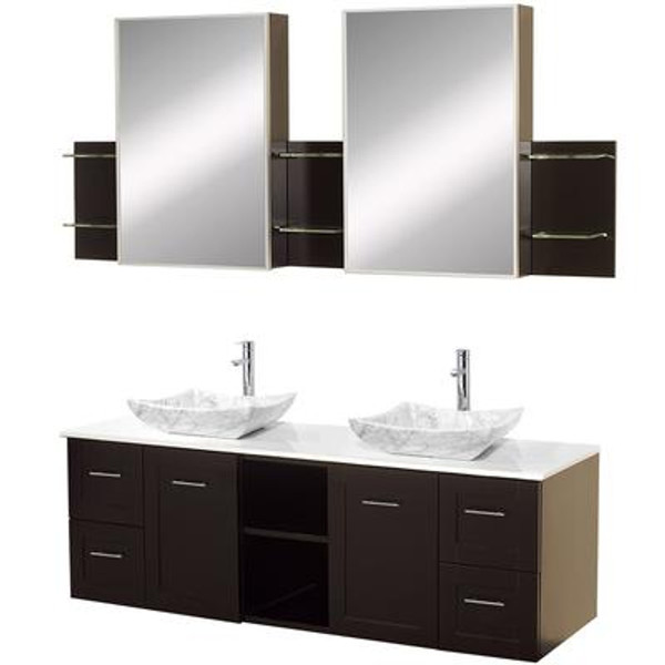 Avara 60 In. Vanity in Espresso with Man Made Stone Vanity Top in White and Medicine Cabinets