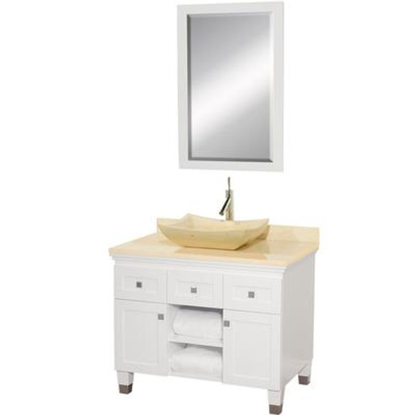 Premiere 36 In. Vanity in White with Marble Vanity Top in Ivory with Ivory Sink and Mirror