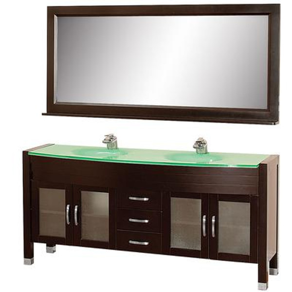 Daytona 71 In. Vanity in Espresso with Double Basin Glass Vanity Top in Aqua and Mirror