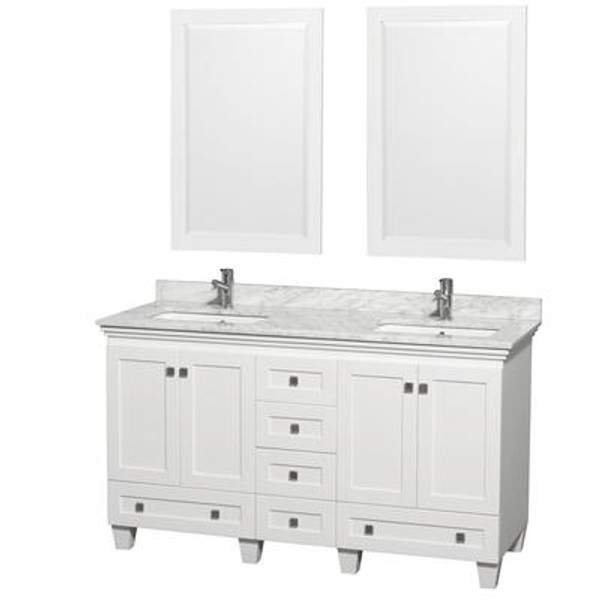 Acclaim 60 In. Double Vanity in White with Top in Carrara White with Square Sinks and Mirrors