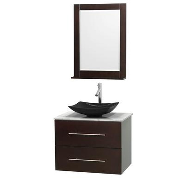 Centra 30 In. Single Vanity in Espresso with White Carrera Top with Black Granite Sink and 24 In. Mirror