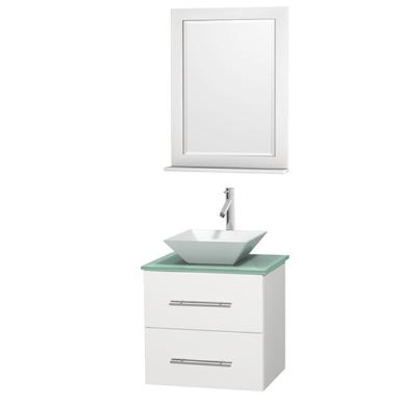 Centra 24 In. Single Vanity in White with Green Glass Top with White Porcelain Sink and 24 In. Mirror