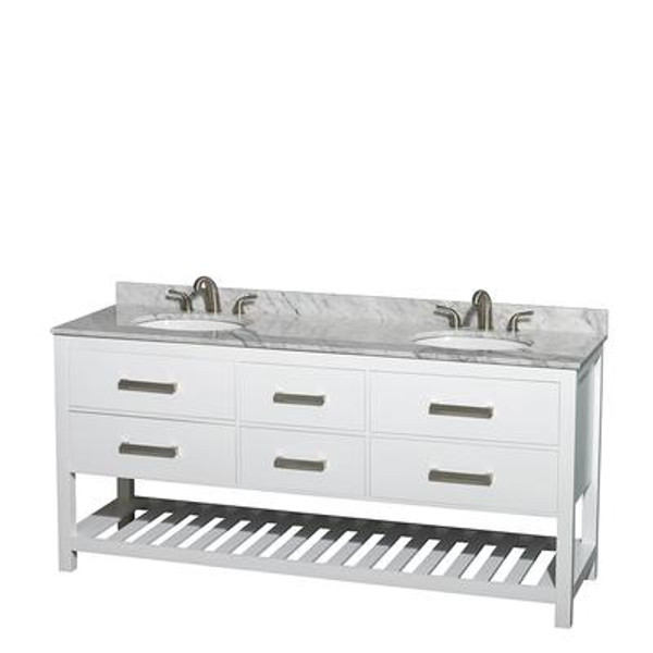 Natalie 72 In. Double Vanity in White with White Carrera Top with Oval sinks and No Mirror
