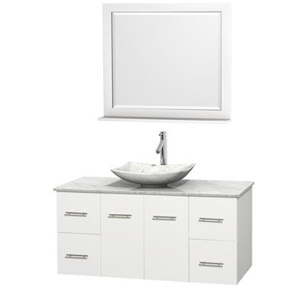 Centra 48 In. Single Vanity in White with White Carrera Top with White Carrera Sink and 36 In. Mirror