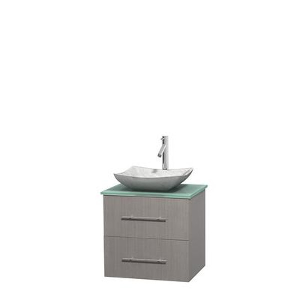 Centra 24 In. Single Vanity in Gray Oak with Green Glass Top with White Carrera Sink and No Mirror