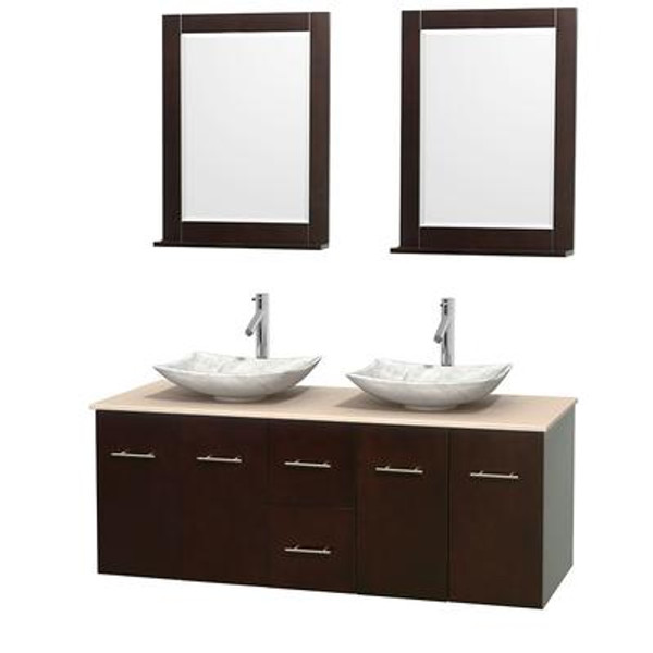 Centra 60 In. Double Vanity in Espresso with Ivory Marble Top with White Carrera Sinks and 24 In. Mirrors