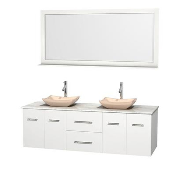 Centra 72 In. Double Vanity in White with White Carrera Top with Ivory Sinks and 70 In. Mirror