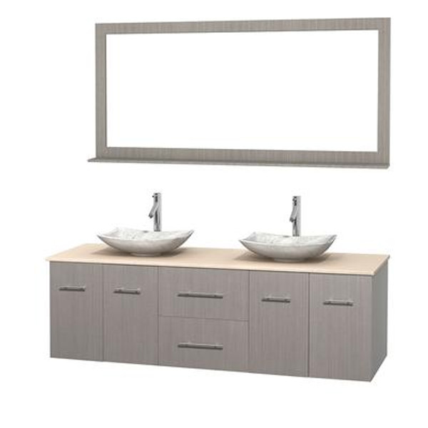 Centra 72 In. Double Vanity in Gray Oak with Ivory Marble Top with White Carrera Sinks and 70 In. Mirror