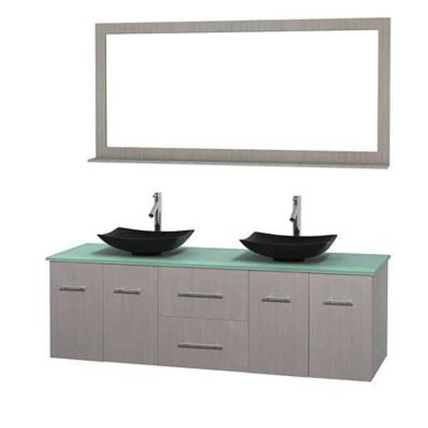Centra 72 In. Double Vanity in Gray Oak with Green Glass Top with Black Granite Sinks and 70 In. Mirror