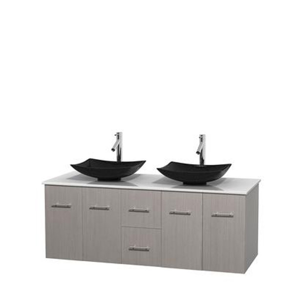 Centra 60 In. Double Vanity in Gray Oak with Solid SurfaceTop with Black Granite Sinks and No Mirror