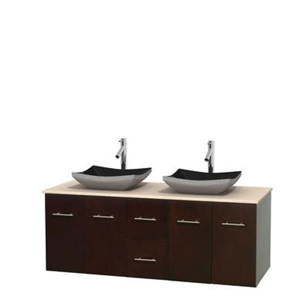 Centra 60 In. Double Vanity in Espresso with Ivory Marble Top with Black Granite Sinks and No Mirror