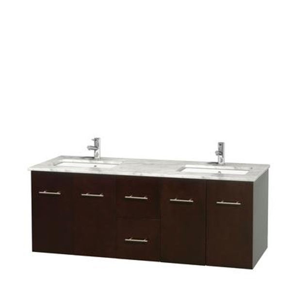 Centra 60 In. Double Vanity in Espresso with White Carrera Top with Square Sinks and No Mirror