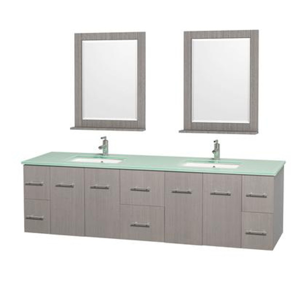 Centra 80 In. Double Vanity in Gray Oak with Green Glass Top with Square Sink and 24 In. Mirror