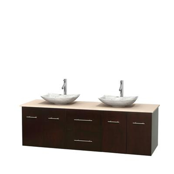 Centra 72 In. Double Vanity in Espresso with Ivory Marble Top with White Carrera Sinks and No Mirror